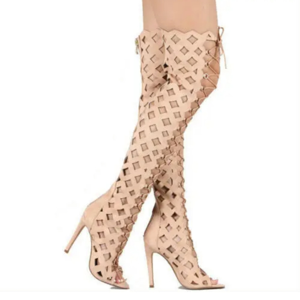 Nude Gladiator Thigh High Lace Up Sexy Exotic Above Knee Heel Boots
